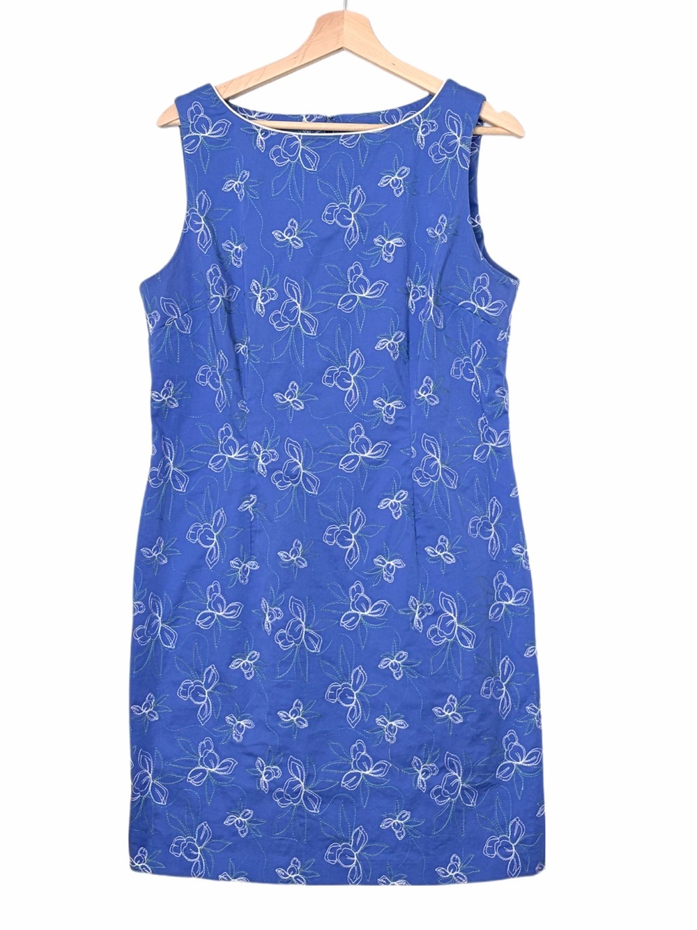 Amanda Smith Blue Embroidered Floral Midi Dress Sleeveless White Piping Size 16